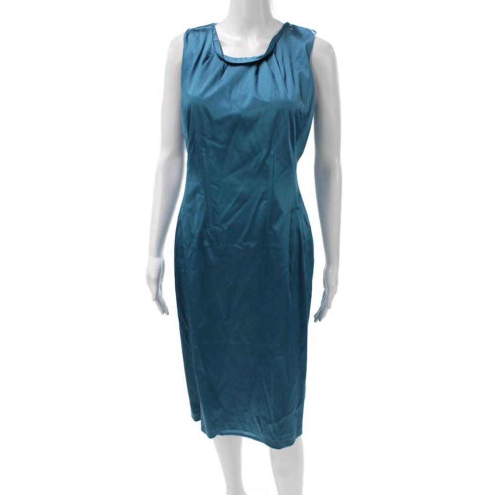 Lida Baday Women Sheath Dress Blue Cotton Cowl Neck Sleeveless Zip Midi Size 8